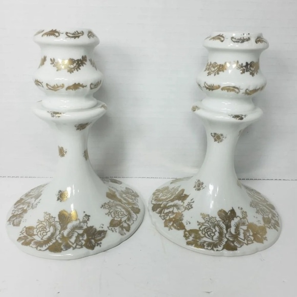 VTG Handpainted Porcelain De France White Gold Roses Candle Holders